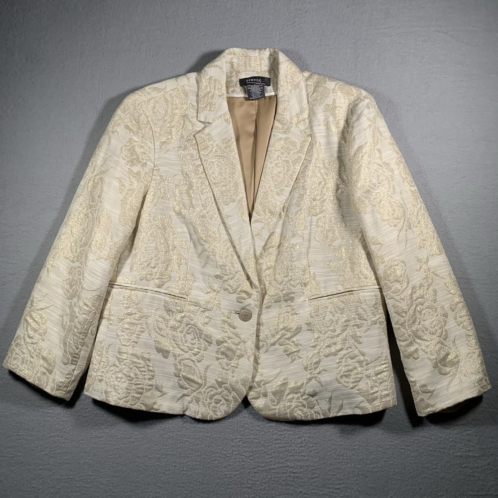 George Me  Designs By Mark Eisen Women Blazer Size 18 Floral Metallic/ Cream